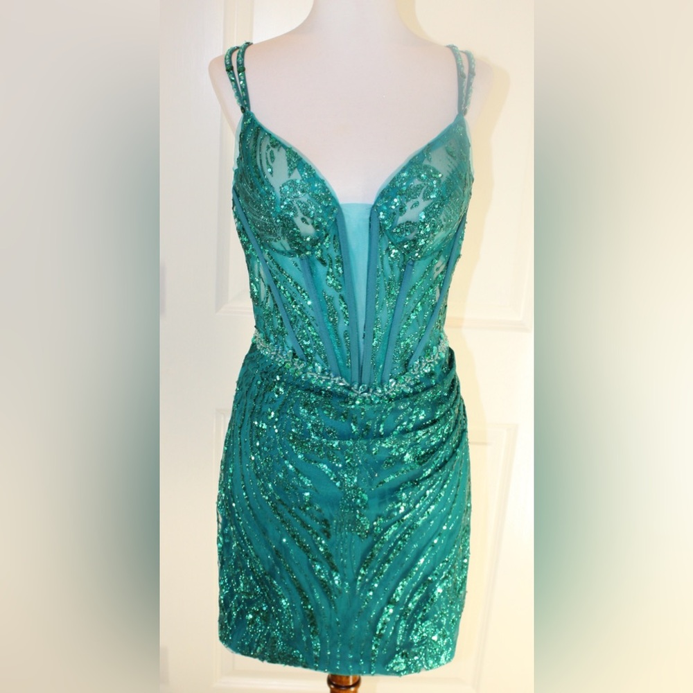 Sparkly Dark Teal Bodycon Corset Short Homecoming Dress With Sequins
Size 6 - Picture 2 of 16